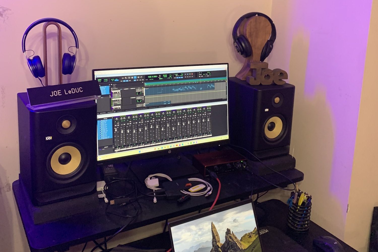 Inside the Blue Heron Records home studio — the control desk with KRK monitors and a Pro Tools session running