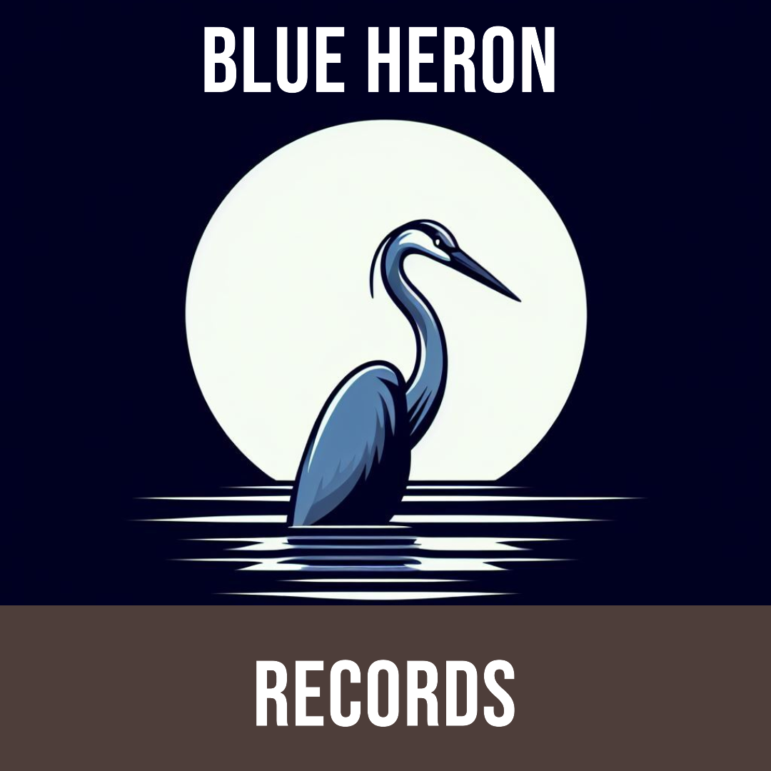 Blue Heron Records logo — a blue heron before a full moon