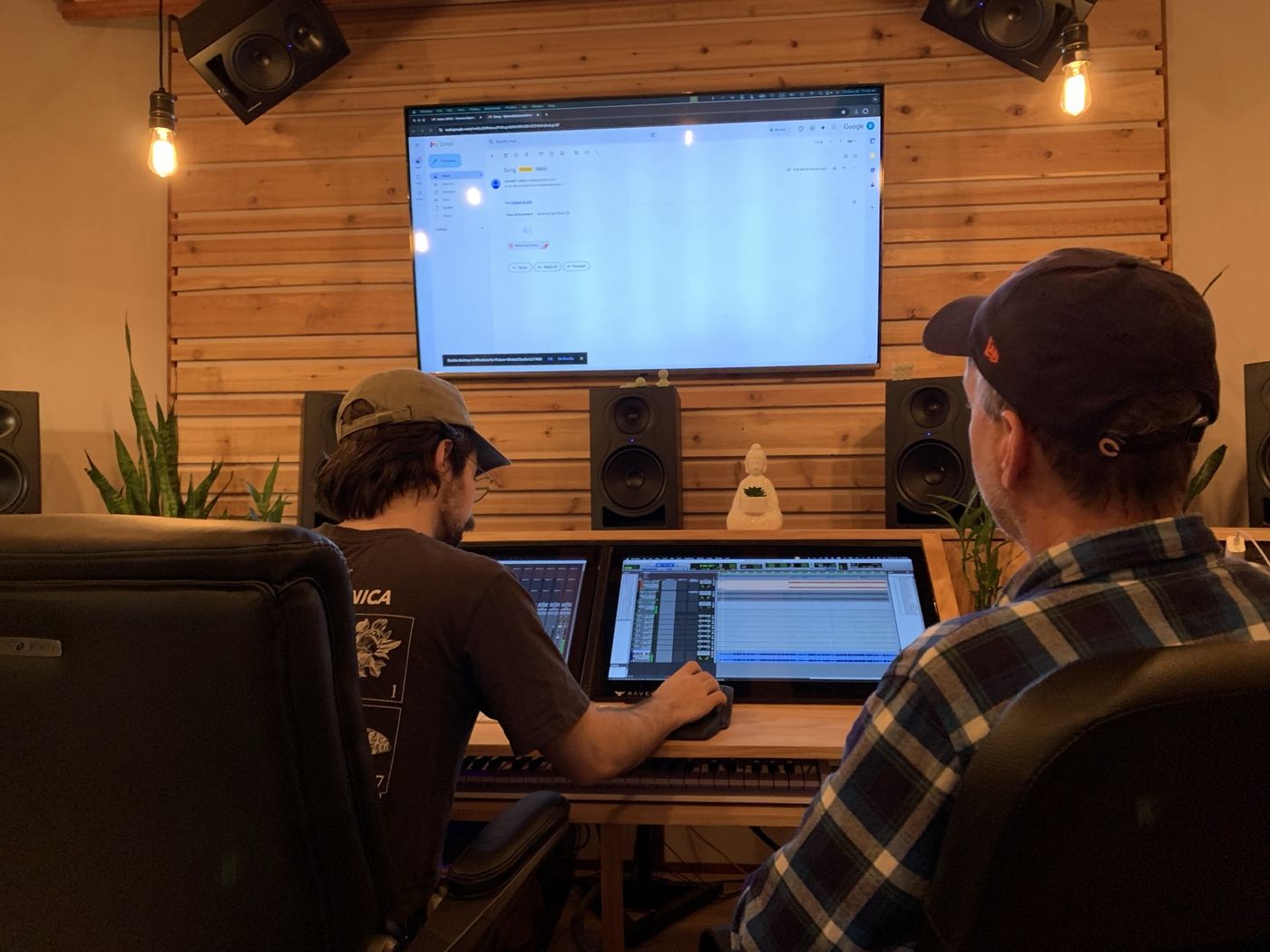 An engineer working at the Pro Tools desk in the Picture-Minded control room.